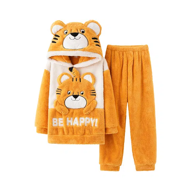 轻迎 简约亲肤舒适可爱卡通连帽长袖休闲可外穿长裤睡衣套装 女款 桔红色