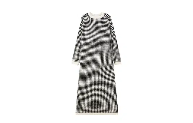 俏薇妮 简约千鸟格柔软长袖保暖宽松可外穿家居服睡裙 女款 黑色