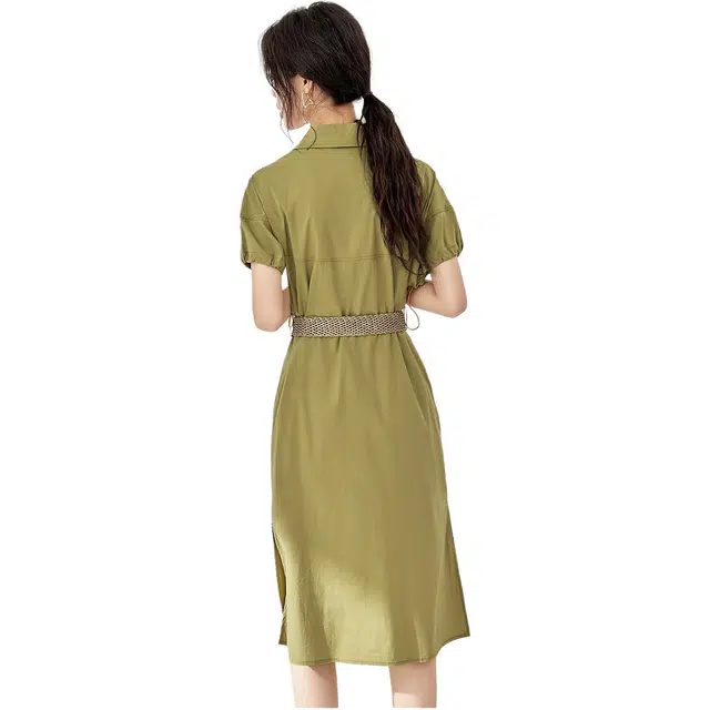 沫晗依美 连肩袖中腰开叉收腰翻领短袖连衣裙 女款 绿色