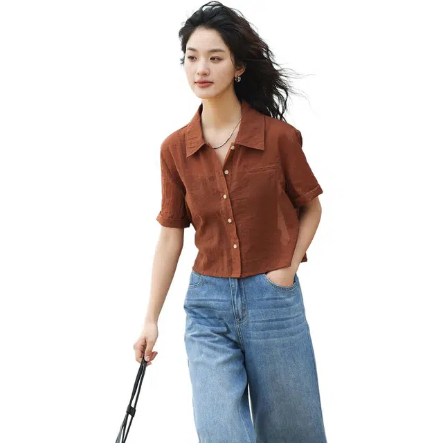 【dme】 纯色方领纽扣宽松短款开衫短袖衬衫 女款 橘红色