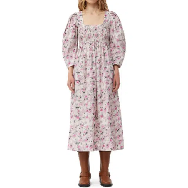 GANNI Printed Cotton Open-Neck Smock Long Dress