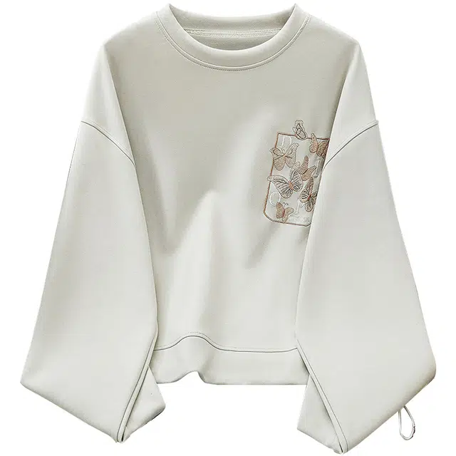 她池 国风刺绣休闲圆领套头卫衣 女款 米灰色