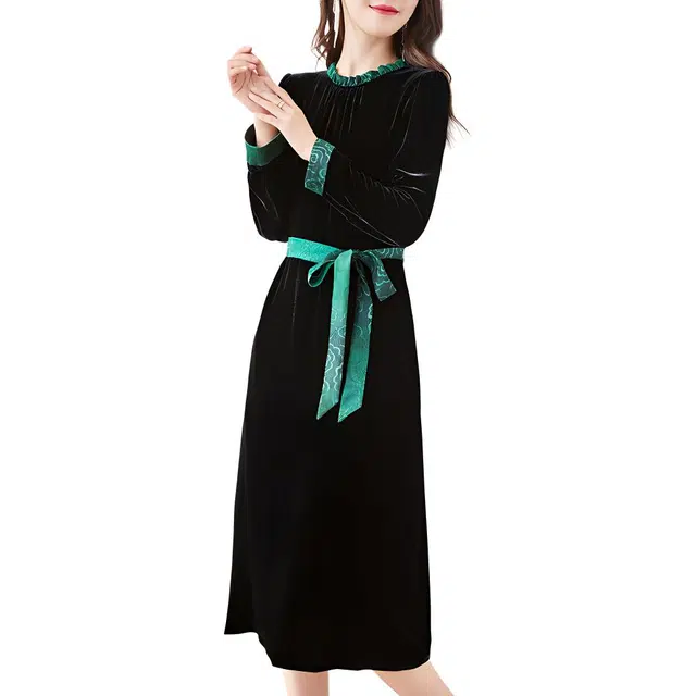 水墨佳人 优雅设计感纯色拼接绑带圆领中长长袖连衣裙 女款 黑色