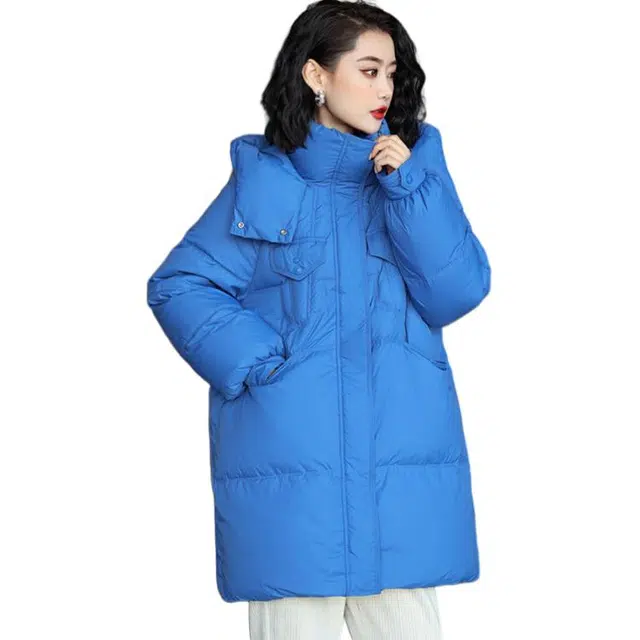 鸭鸭 保暖连帽中长款宽松长袖羽绒服 女款