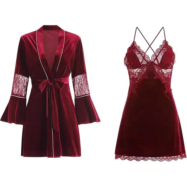 秀黛 法式性感蕾丝花边拼接丝绒吊带裙可外穿长袖睡袍睡衣套装 女款