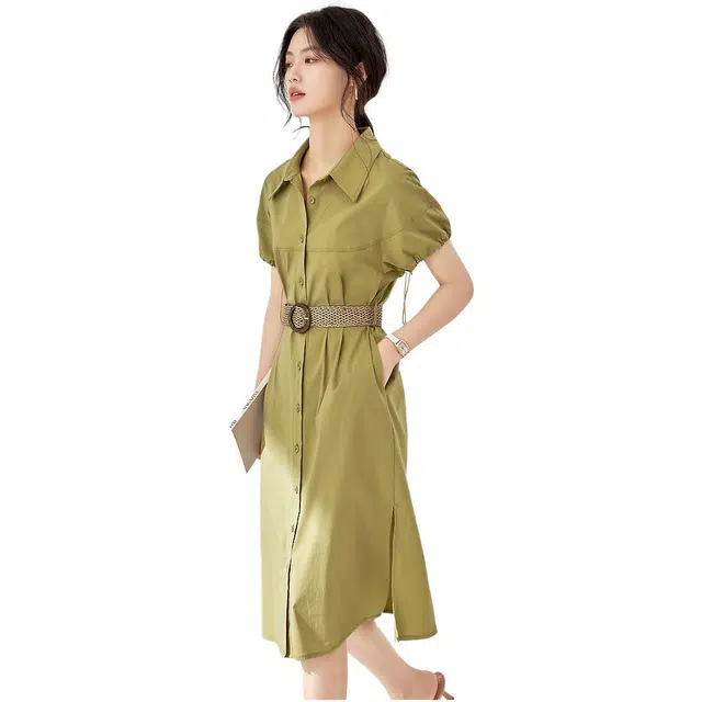 沫晗依美 连肩袖中腰开叉收腰翻领短袖连衣裙 女款 绿色