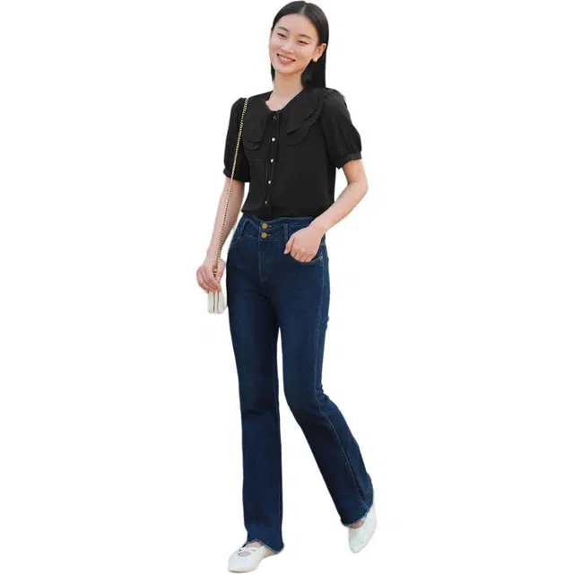 玖姿安娜蔻 纯色荷叶领木耳边刺绣短袖衬衫 女款 素黑