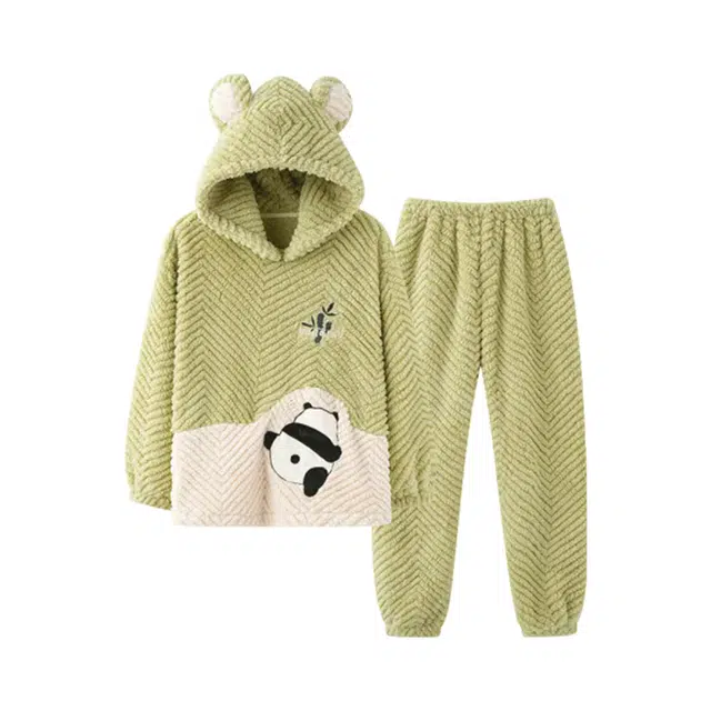 轻迎 连帽卡通可爱长袖长裤睡衣套装 女款 浅绿色