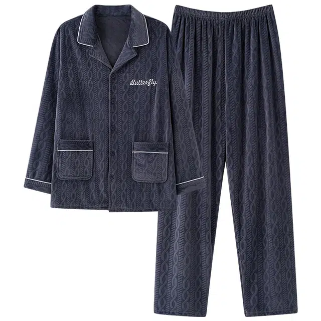 莫代尔 保暖亲肤舒适蓄热简约家居服翻领开衫长袖长裤可外穿睡衣套装 男女同款