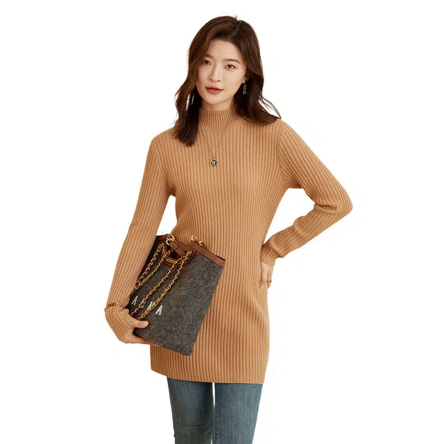 恒源祥 纯色中长款坑条毛衣 女款