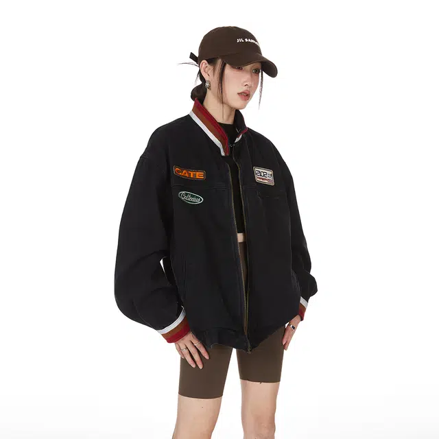花蔓色 美式复古做旧水洗刺绣潮流宽松情侣牛仔外套 女款