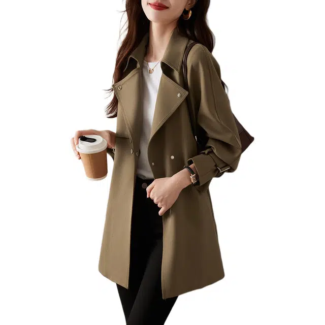 沫晗依美 简约纯色收腰百搭长袖风衣 女款 咖色