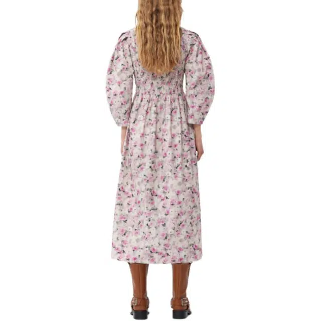 GANNI Printed Cotton Open-Neck Smock Long Dress