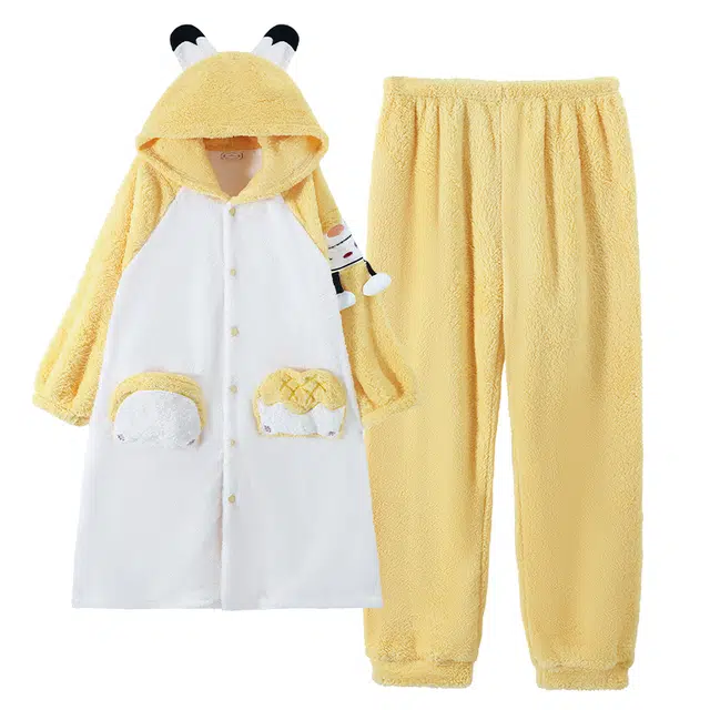 俏霓桐 简约时尚卡通保暖蓄温连帽长袖睡袍可外穿休闲长裤睡衣套装 男款 奶黄色