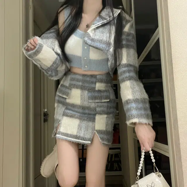 花山家的猫 小香风毛呢格子长袖外套格子短裙制服 女款