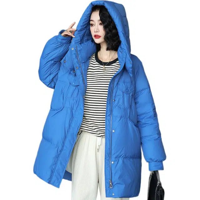 鸭鸭 保暖连帽中长款宽松长袖羽绒服 女款