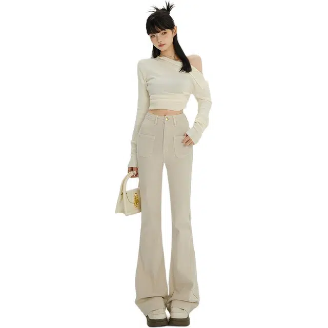 玫丝朵 高腰简约舒适纯色休闲牛仔裤 女款 杏色