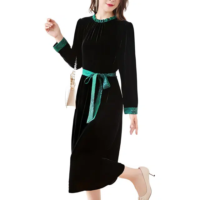 水墨佳人 优雅设计感纯色拼接绑带圆领中长长袖连衣裙 女款 黑色