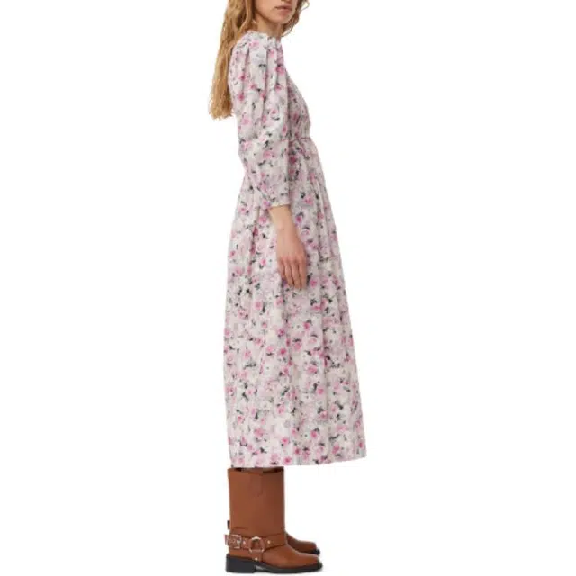 GANNI Printed Cotton Open-Neck Smock Long Dress