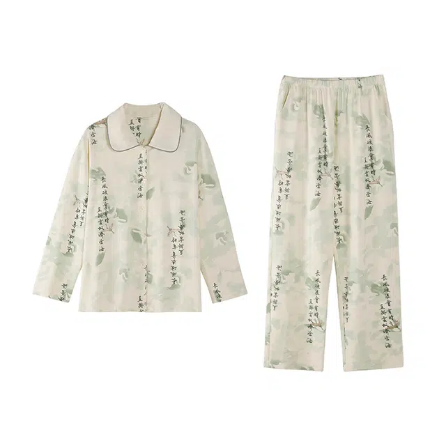 轻迎 翻领长袖上衣可外穿家居服长裤秋冬睡衣套装 女款 淡绿色