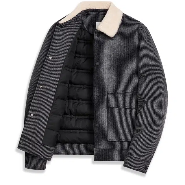 与狼共舞 毛领口袋格纹都市商务质感羽绒服 男款 深灰色