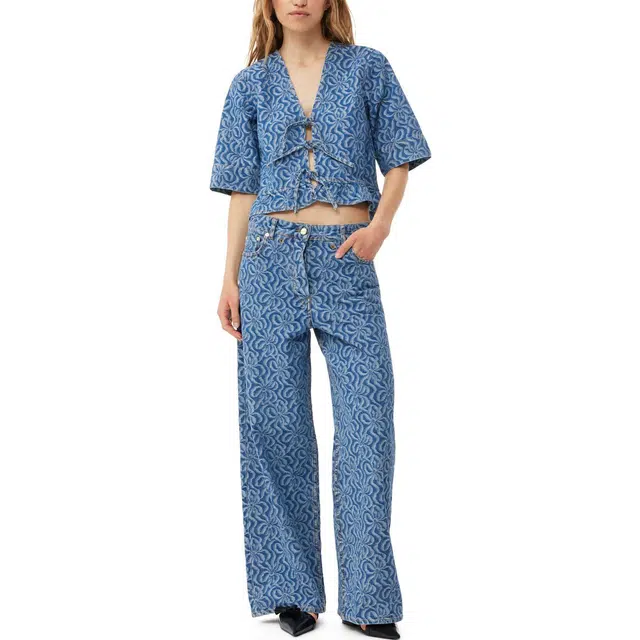 GANNI Acquard Denim Flounce Tie Blouse V