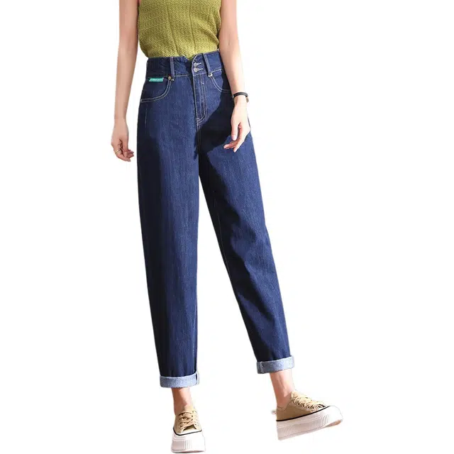 惟熙 高腰阔腿裤薄款宽松双扣设计小个子九分哈伦老爹裤牛仔裤 女款 蓝色