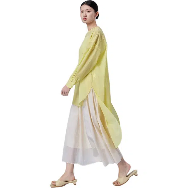 艾莱依 纯色斜领宽松中长款防晒长袖衬衫 女款