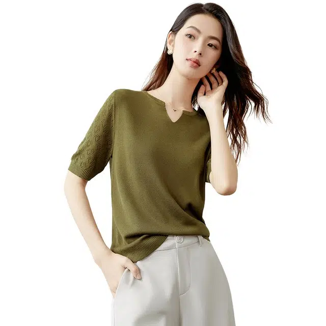 晚白 高弹镂空袖针织短袖 女款 橄榄绿