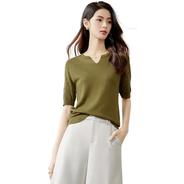 晚白 高弹镂空袖针织短袖 女款 橄榄绿