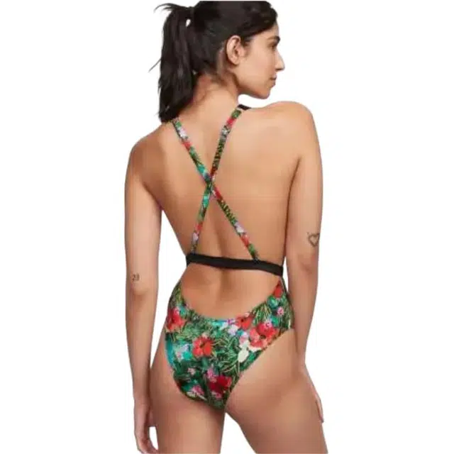 Victoria's Secret Logo Strap Deep V Swimsuit Tropical Print