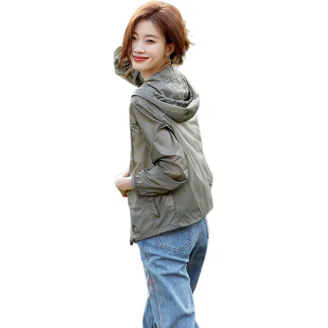 沫晗依美 纯色连帽拉链夹克外套 女款 浅灰色