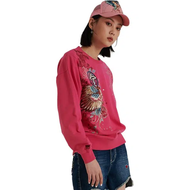 鬼洗 五彩相思鸟刺绣圆领套头卫衣 女款