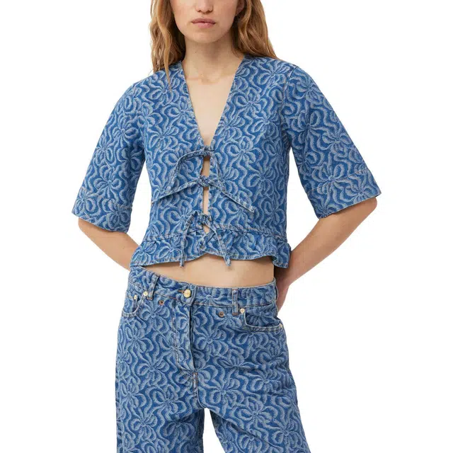 GANNI Acquard Denim Flounce Tie Blouse V