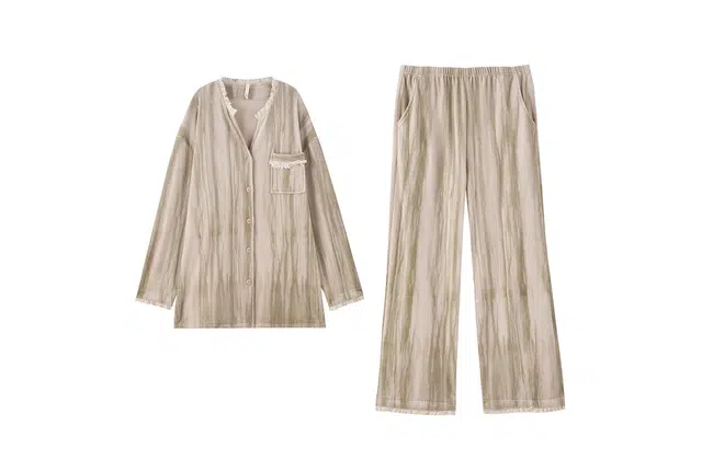 俏薇妮 简约休闲条纹长袖长裤家居服加绒保暖睡衣套装 女款 卡其色