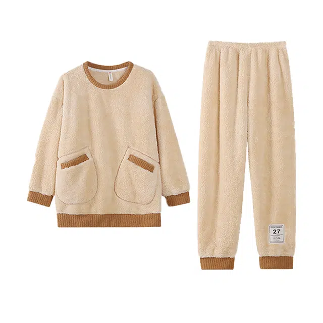 轻迎 纯色圆领套头长袖长裤舒适保暖睡衣套装 女款 卡其色