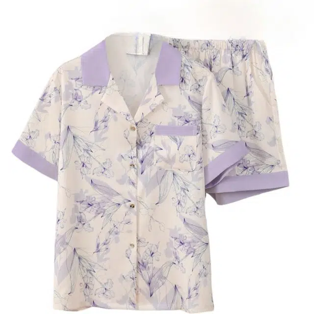 北极绒 舒适透气简约短袖三分裤睡衣套装 女款 紫色