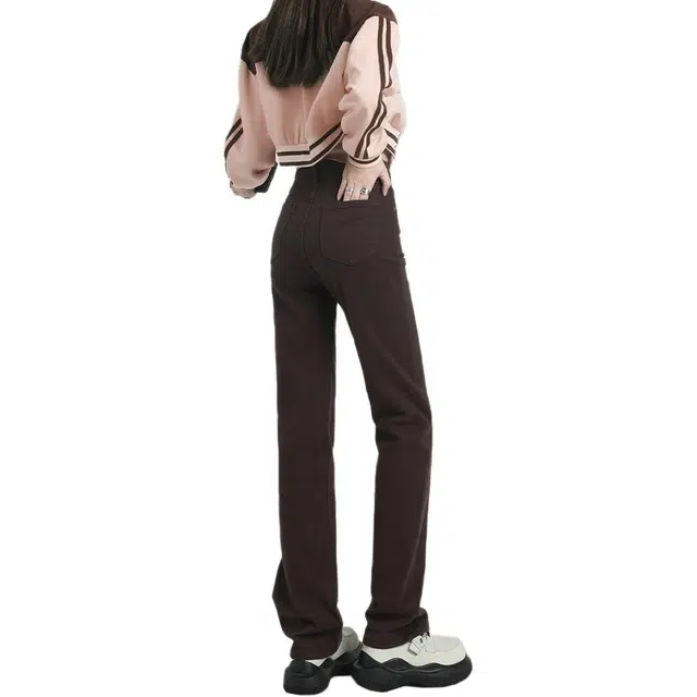 惟熙 高腰直筒微弹牛仔裤 女款 咖啡色