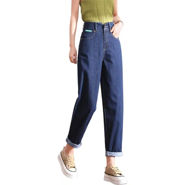 惟熙 高腰阔腿裤薄款宽松双扣设计小个子九分哈伦老爹裤牛仔裤 女款 蓝色