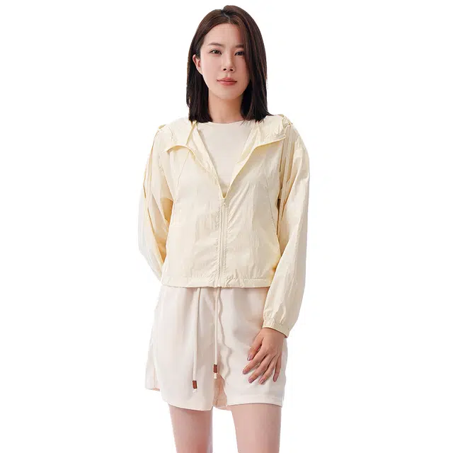 美力城 透气纯色连帽拉链长袖防晒服 女款 杏色