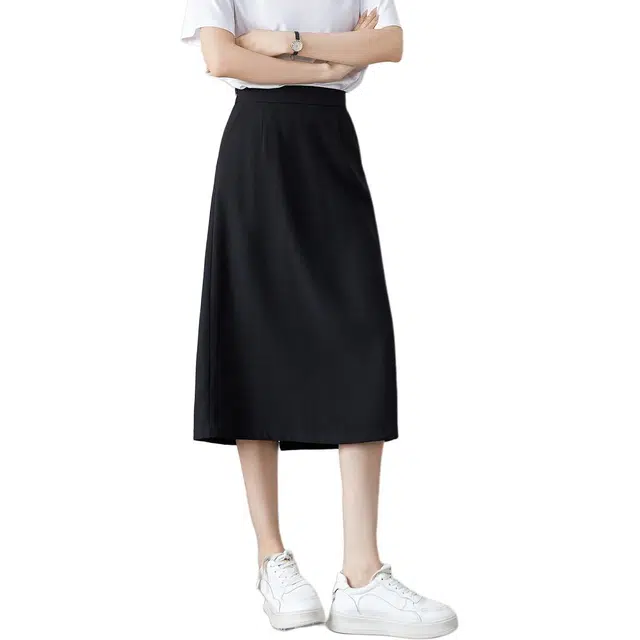 沫晗依美 纯色开叉高腰休闲长裙 女款 黑色