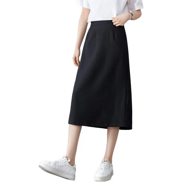 沫晗依美 纯色开叉高腰休闲长裙 女款 黑色