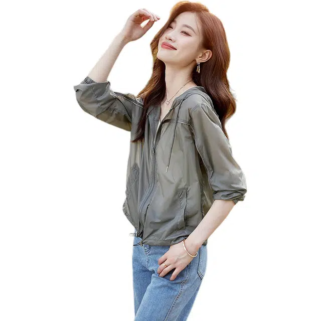 沫晗依美 纯色连帽拉链夹克外套 女款 浅灰色