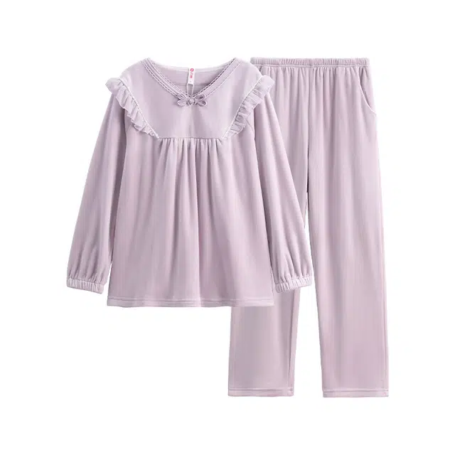 芬腾 海岛绒保暖长袖加厚珊瑚绒抗静电加绒睡衣套装 女款 浪漫紫