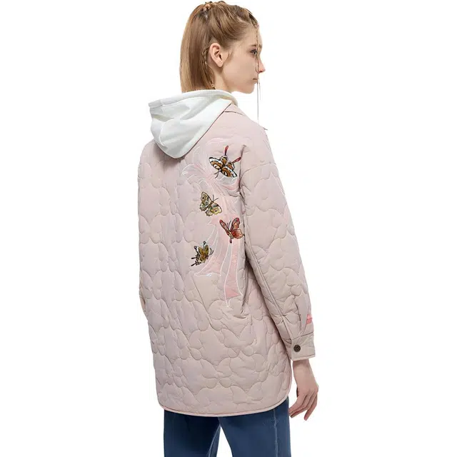 鬼洗 纯色动物薄款衬衫领单排扣长袖棉服 女款