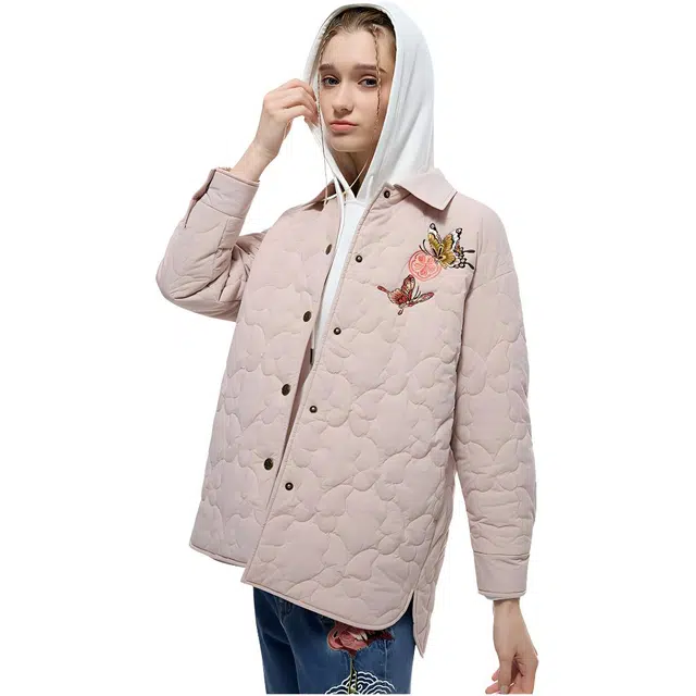 鬼洗 纯色动物薄款衬衫领单排扣长袖棉服 女款
