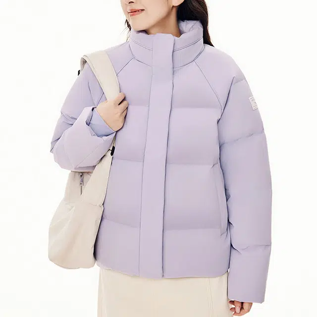 安踏 综训系列 纯色拉链立领长袖羽绒服 女款 杨絮紫