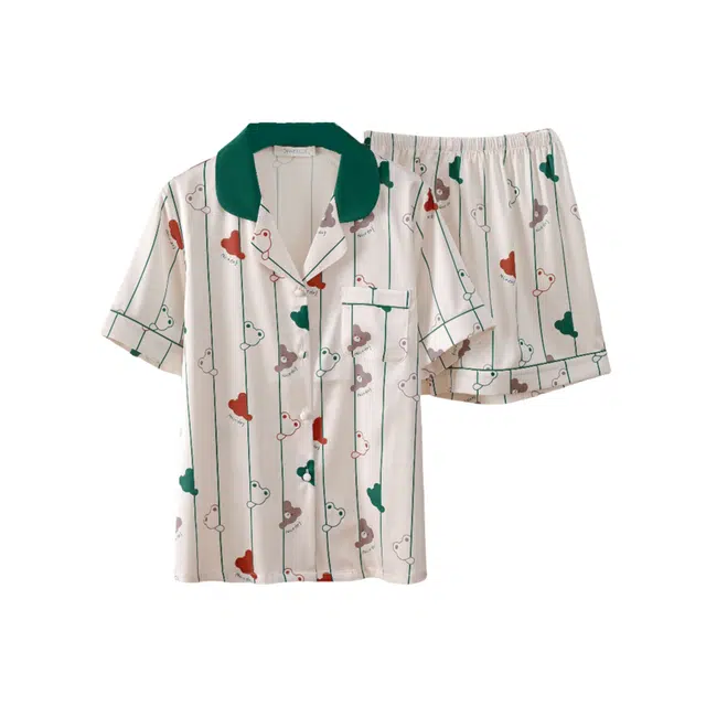 北极绒 卡通小熊薄款凉感舒适亲肤柔软透气短袖睡衣套装 女款 杏粉色