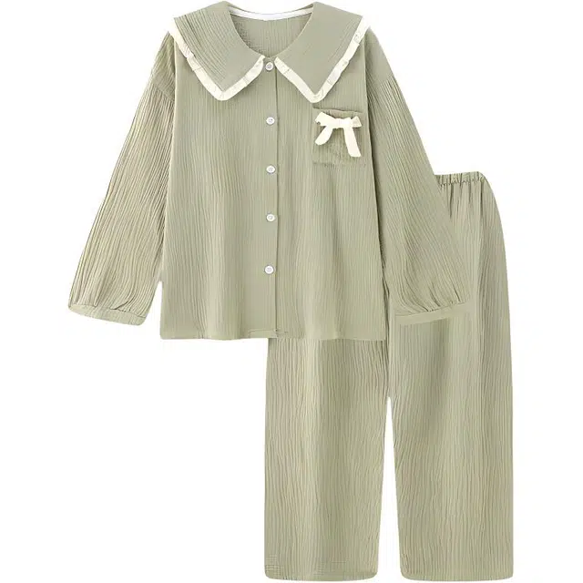 北极绒 娃娃领简约舒适长袖上衣松紧腰纯色长裤睡衣套装 女款