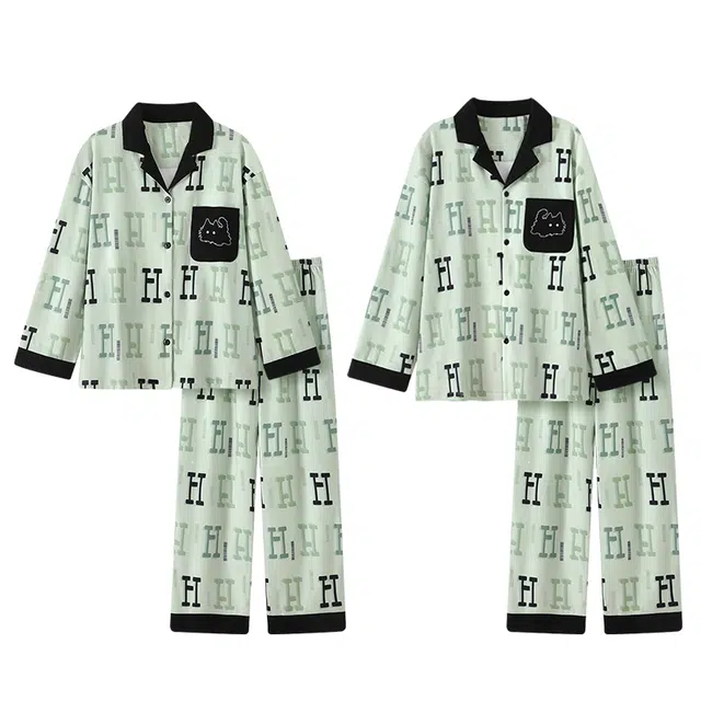 乐姿韵 简约字母卡通高级感时尚长袖长裤德绒加绒保暖睡衣套装 男女同款